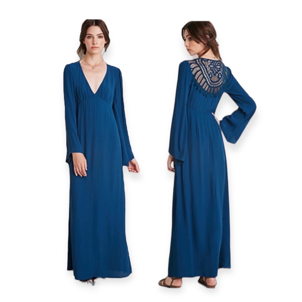 FOREVER 21 Blue Crochet Back Plunge Neck Bell Sleeve Maxi Dress Size SMALL Boho